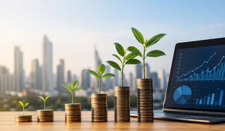 Stacks of coins with sprouts growing beside financial charts